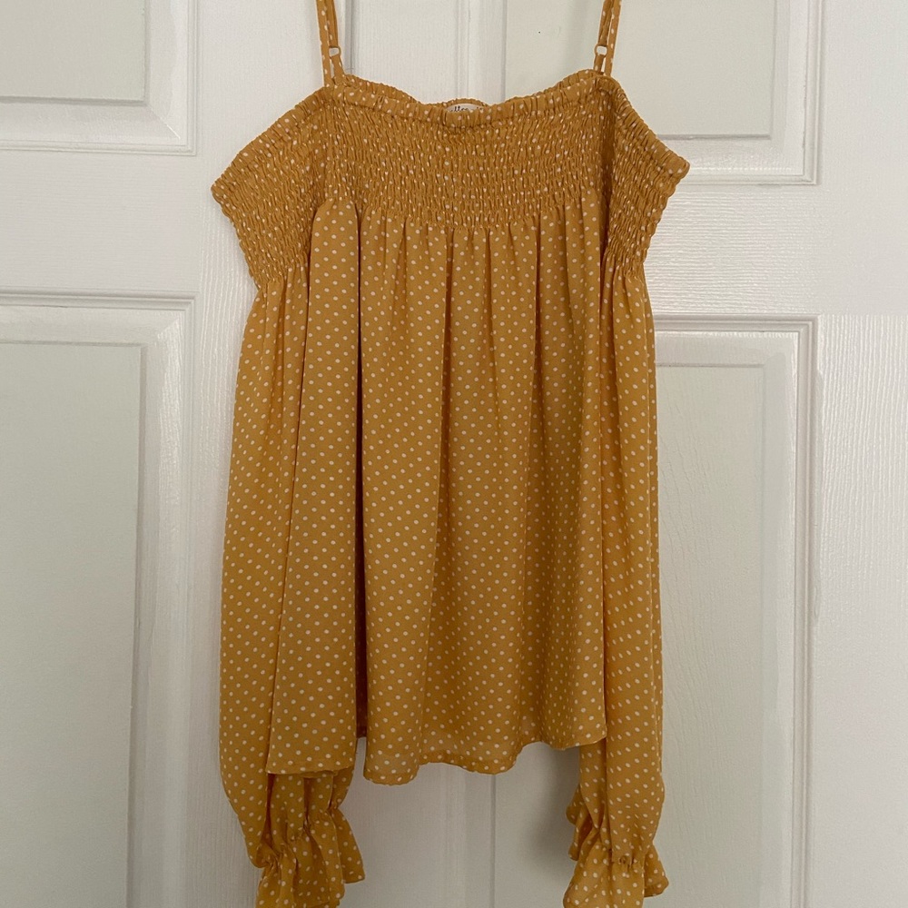 Ultra Flirt Polka Dotted Shirred Cold Shoulder Top